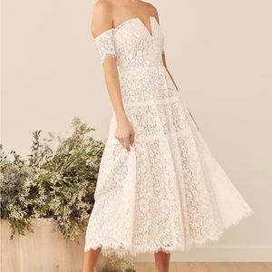Lulus Absolutely Stunning White Lace Off-The-Shoulder Midi Dress